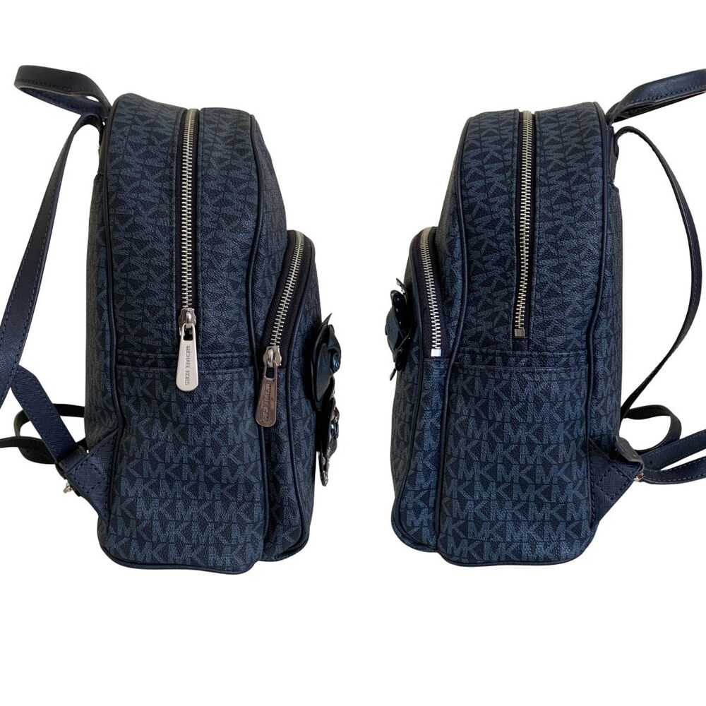 Michael Kors Abbey MK Logo Floral Appliqué Backpack Navy Blue Studded Leather Me - Picture 4 of 11